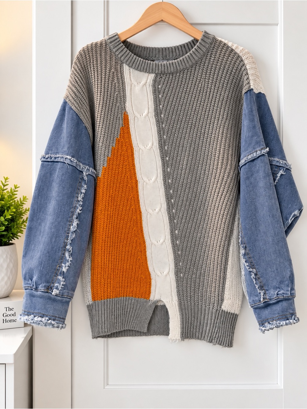 Colorblock Knit Sweater with Denim Sleeves - Gray & Orange